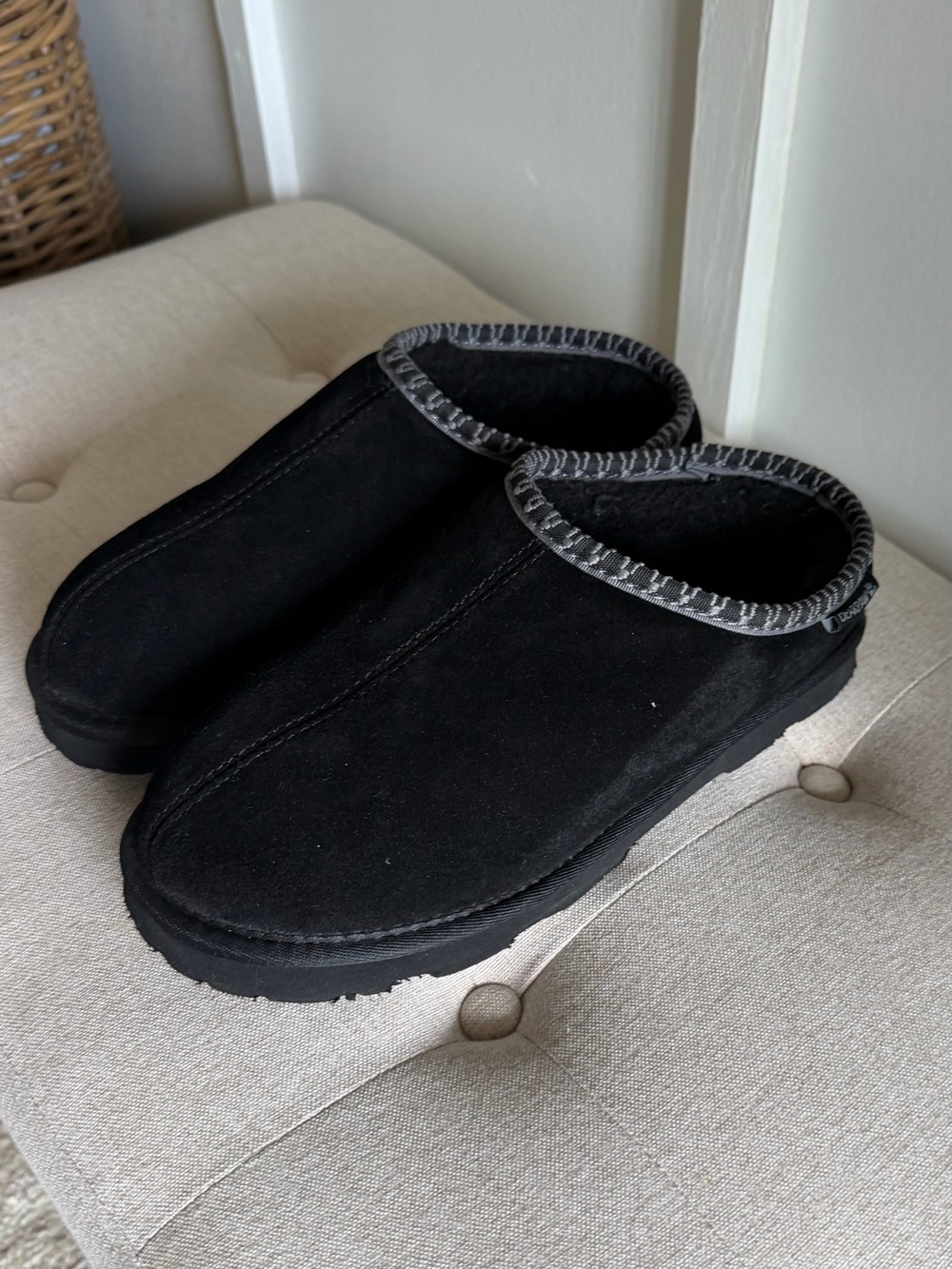 BearPaw Black Suede Slip-On Mule with Gray Trim